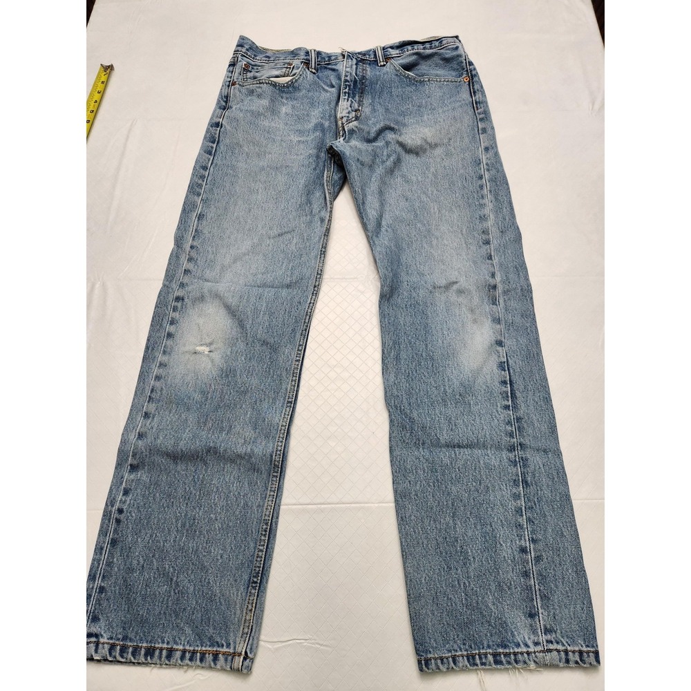 Levis 505 Jeans Mens 36x32 Light Wash Blue Straight Leg Distressed Denim Pants